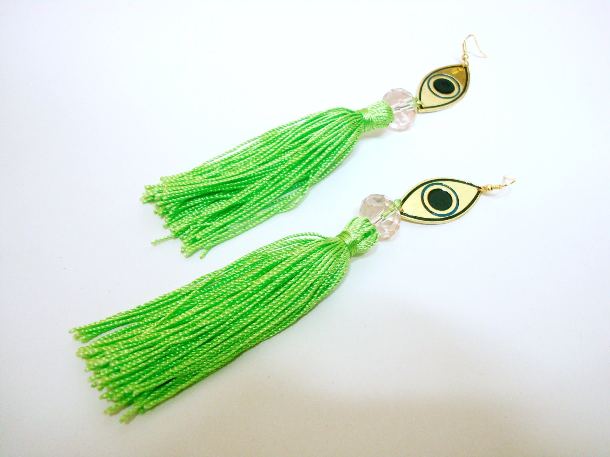 Evil Eye Green Tassel Earrings