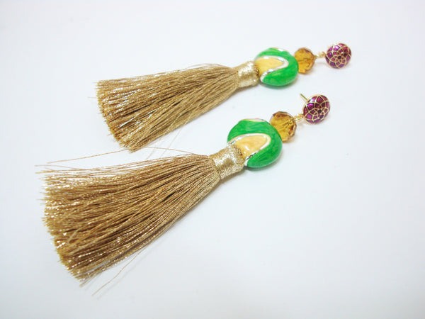Green and Gold Tassel Party Earrings