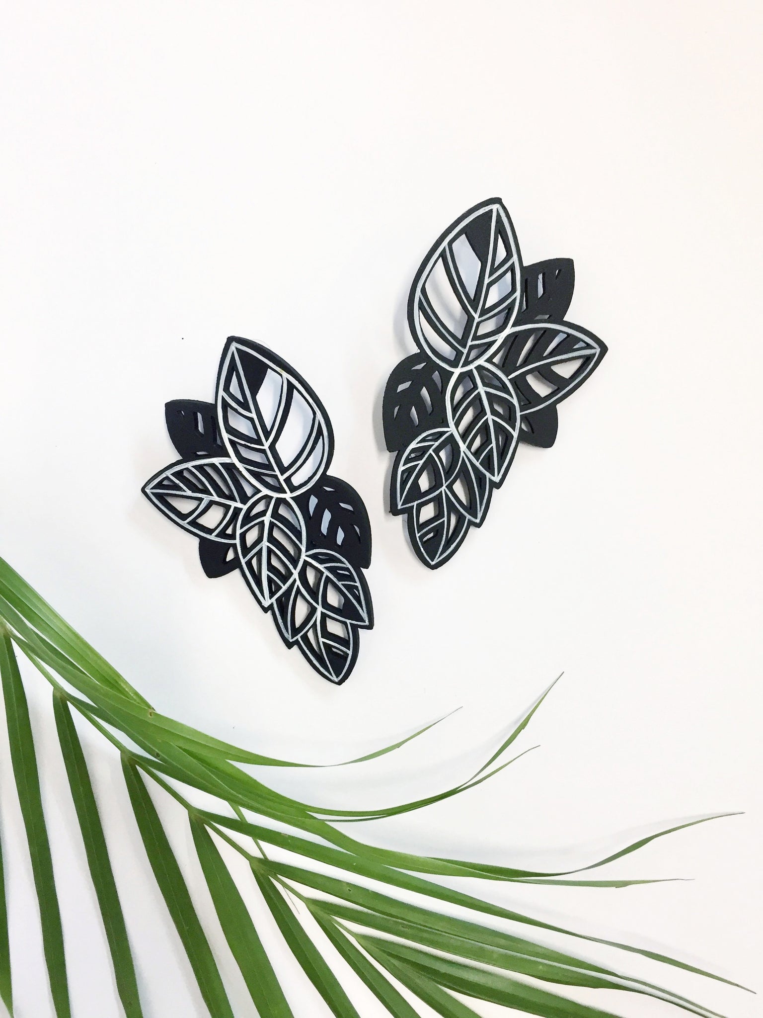Hand-painted White & Black Leaf Earrings