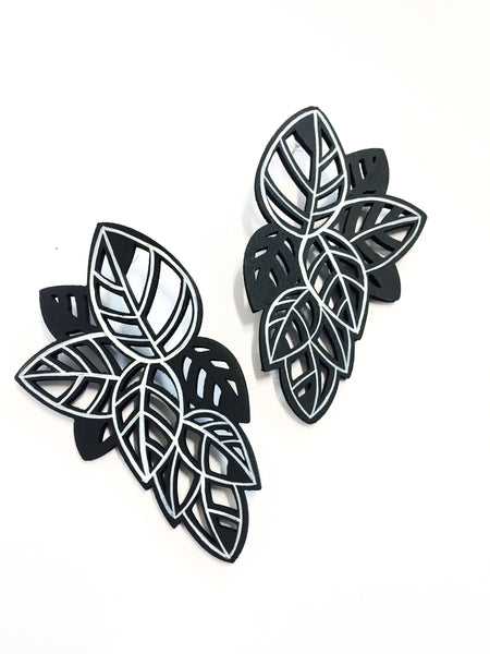 Hand-painted White & Black Leaf Earrings